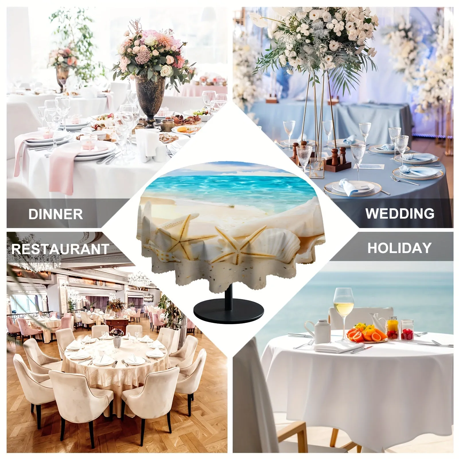 1pc Round/Square Tablecloth, Ocean Beach Clouds Table Cloth, Summer Seascape Coast Sky Shellfish Starfish Wave Tablecover, Waterproof Stain Wrinkle Free, Indoor And Outdoor Table Cover, For Home Kitchen Dining Party Decoration