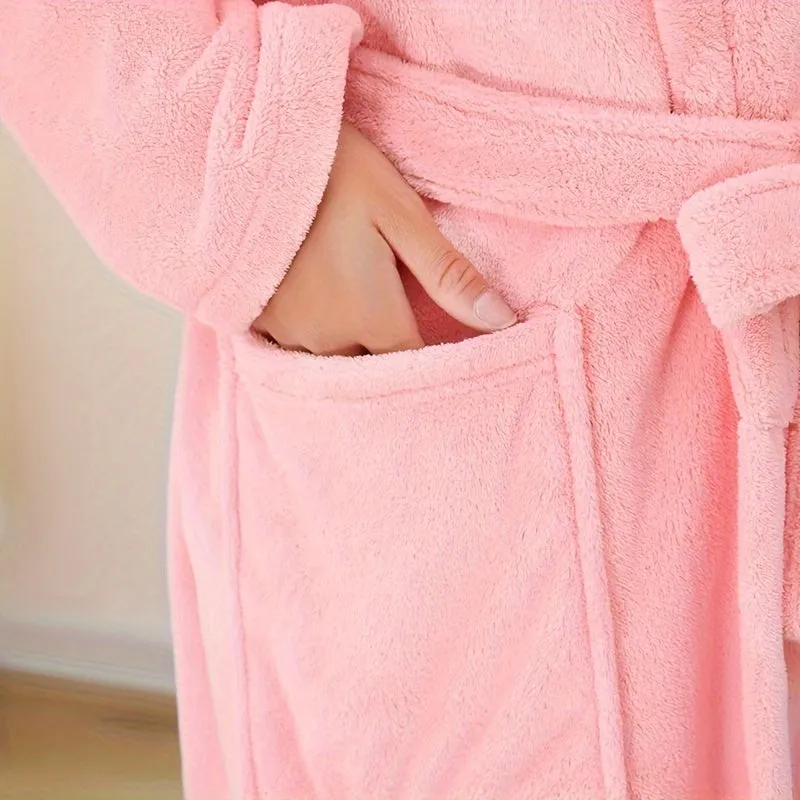 1pc Women's Plain Bathrobe, Long Sleeve Long Bathrobe With Pocket, Soft And Comfortable Loungewear, Robe For Home Beach Pool Gym Travel, Bathroom Supplies