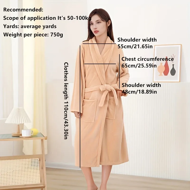 1pc Women's Plain Bathrobe, Long Sleeve Long Bathrobe With Pocket, Soft And Comfortable Loungewear, Robe For Home Beach Pool Gym Travel, Bathroom Supplies