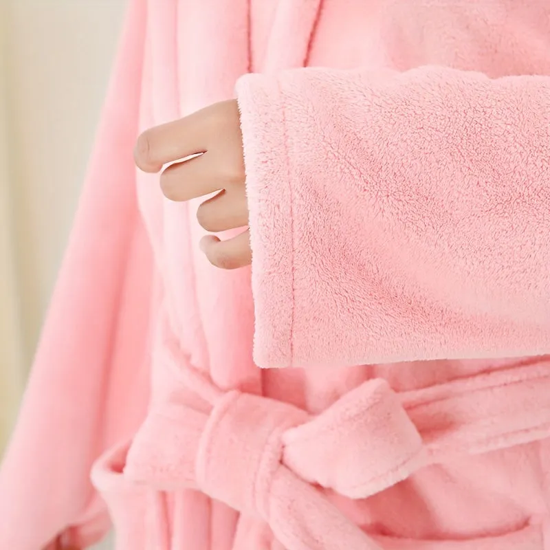 1pc Women's Plain Bathrobe, Long Sleeve Long Bathrobe With Pocket, Soft And Comfortable Loungewear, Robe For Home Beach Pool Gym Travel, Bathroom Supplies