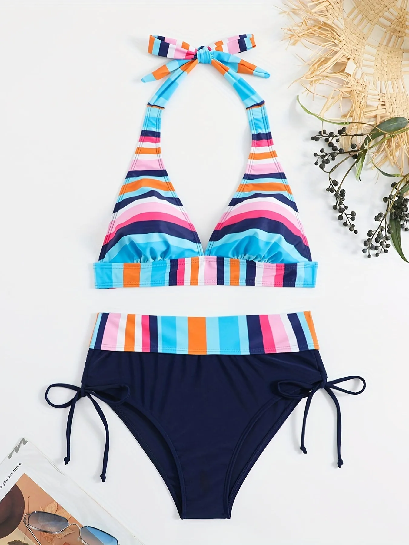 2 Piece Colorful Strip Print Halter Bikini Set - High Stretch, Tie Neck, Sexy, Drawstring, Women's Swimwear & Clothing for Beach Vacation