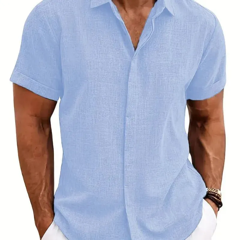 2024 New Cotton Linen Hot Sale Men's Short-Sleeved Shirts Summer Solid Color Turn-down collar Casual Beach Style Plus Size