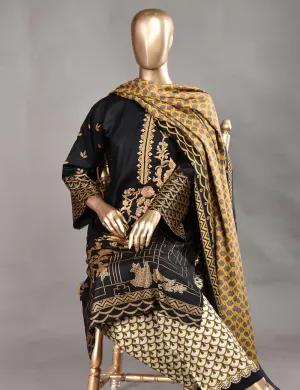 3 Pc Unstitched Linen Printed & Embroidered Dress with Printed Wool Shawl Dupatta - Stygian (KL-09)