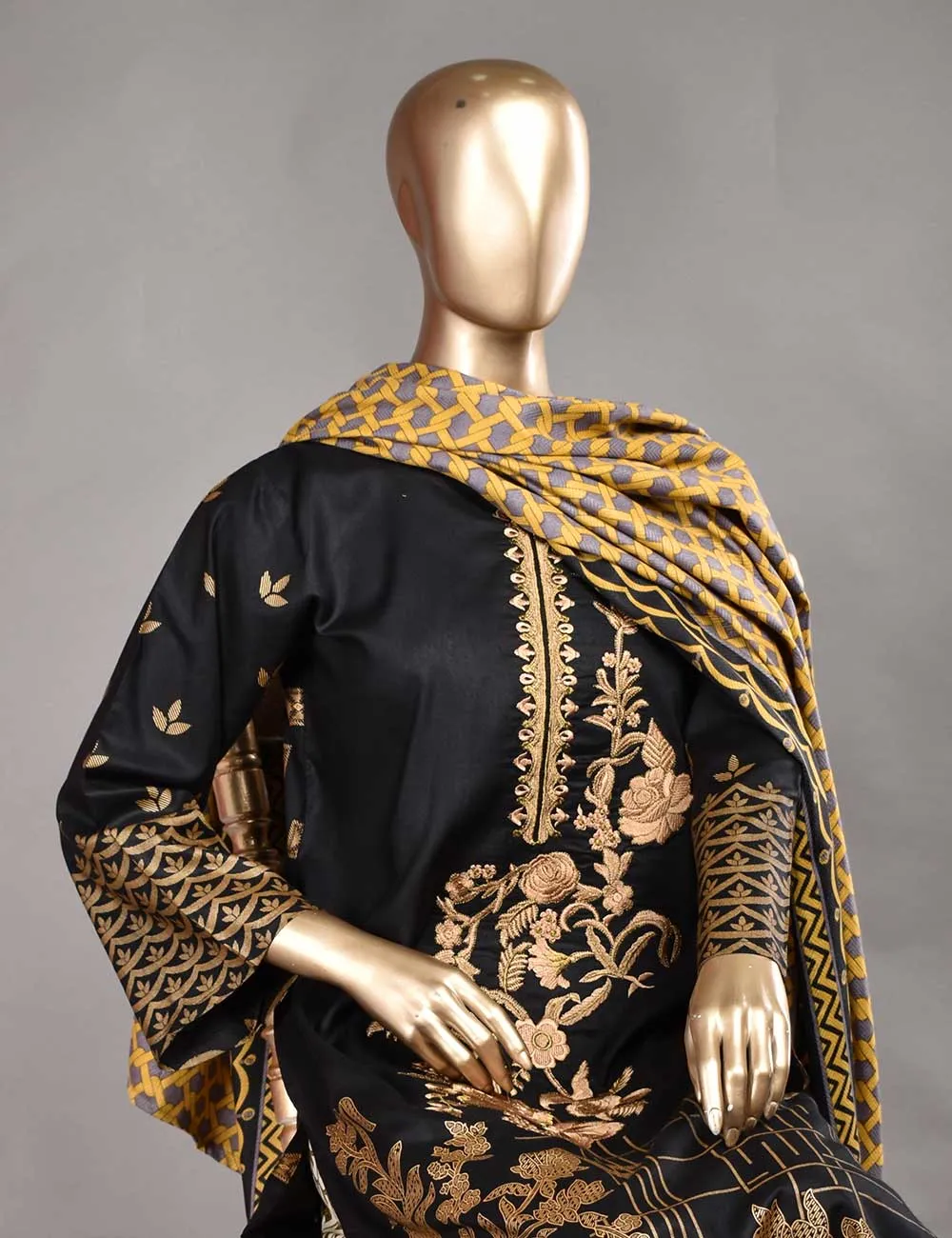 3 Pc Unstitched Linen Printed & Embroidered Dress with Printed Wool Shawl Dupatta - Stygian (KL-09)