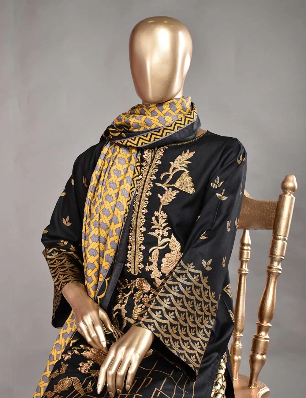 3 Pc Unstitched Linen Printed & Embroidered Dress with Printed Wool Shawl Dupatta - Stygian (KL-09)