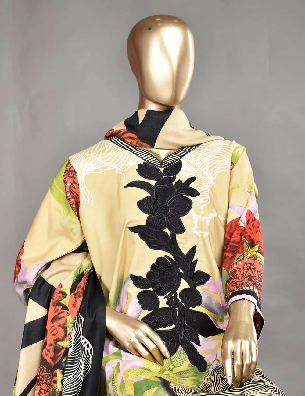 3 Pc Unstitched Linen Printed &amp; Embroidered Dress with Printed Wool Shawl Dupatta - Aurora (KL-02)