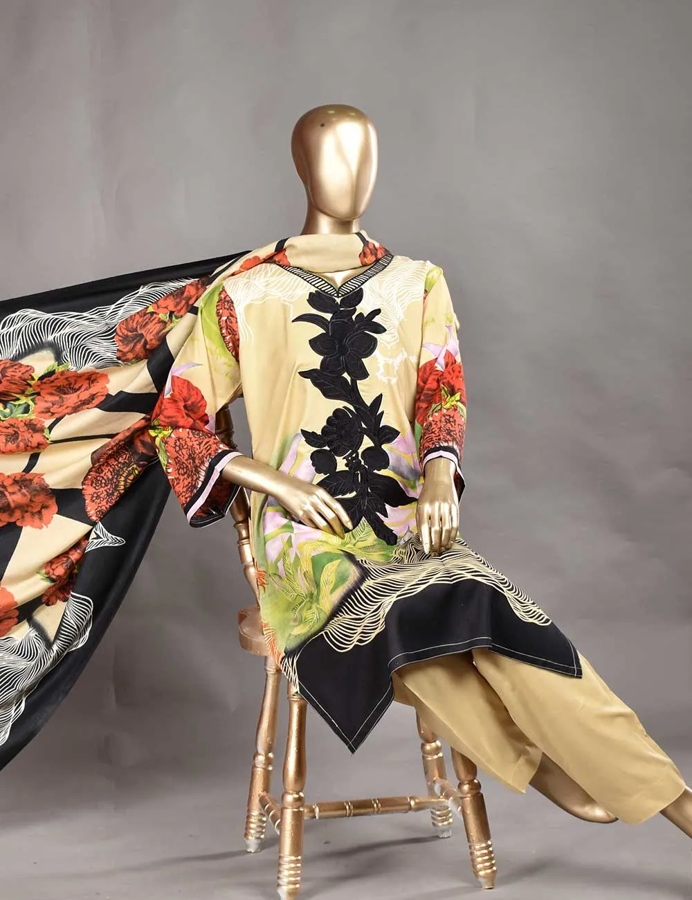 3 Pc Unstitched Linen Printed &amp; Embroidered Dress with Printed Wool Shawl Dupatta - Aurora (KL-02)