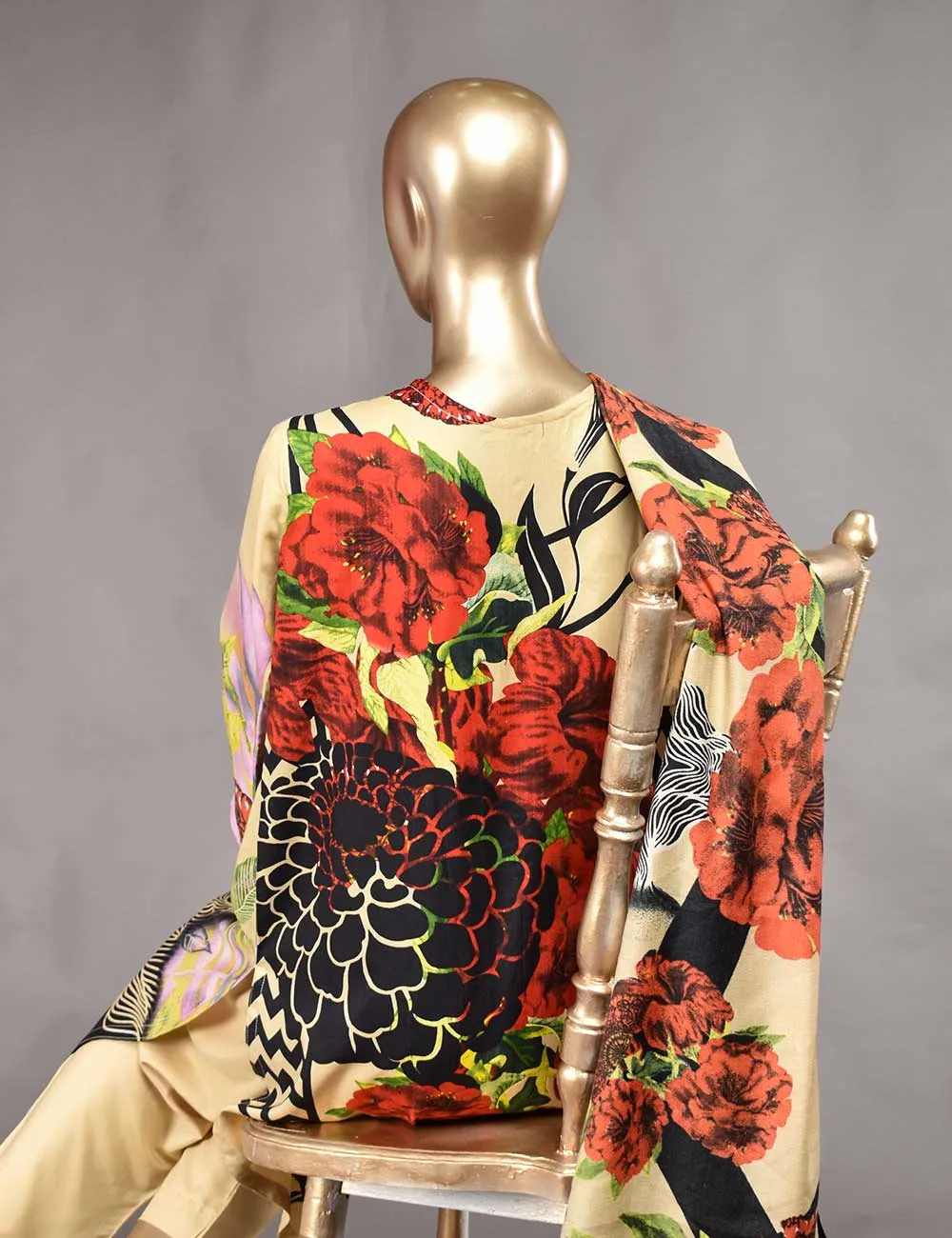 3 Pc Unstitched Linen Printed &amp; Embroidered Dress with Printed Wool Shawl Dupatta - Aurora (KL-02)