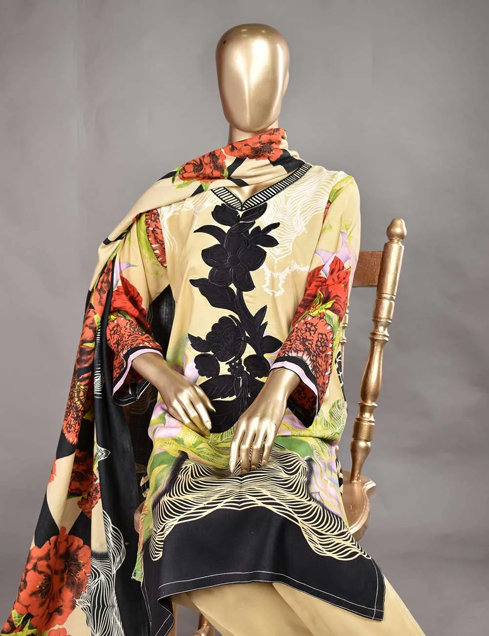 3 Pc Unstitched Linen Printed &amp; Embroidered Dress with Printed Wool Shawl Dupatta - Aurora (KL-02)