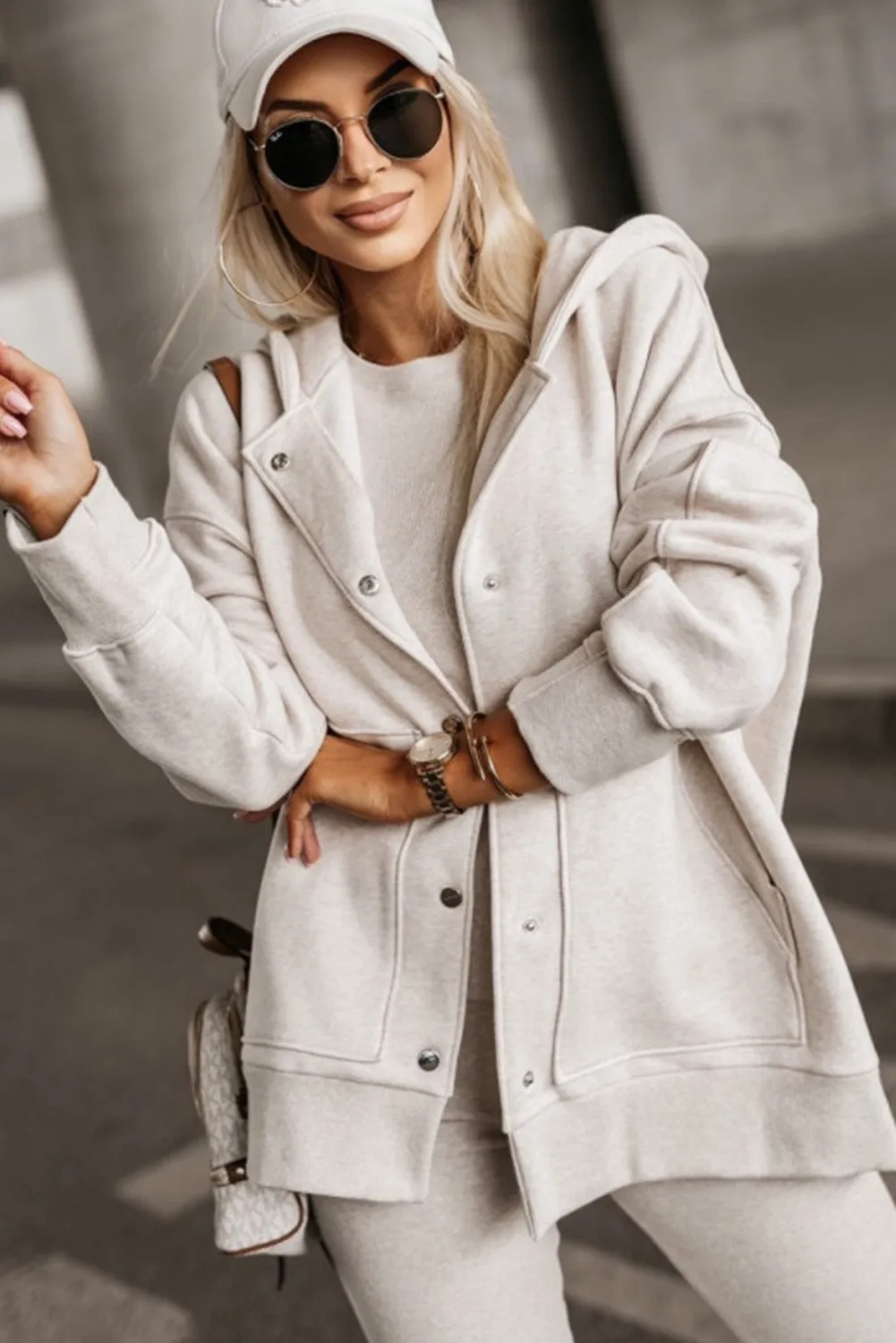 Apricot khaki Pocketed Button Up Oversized Hooded Jacket