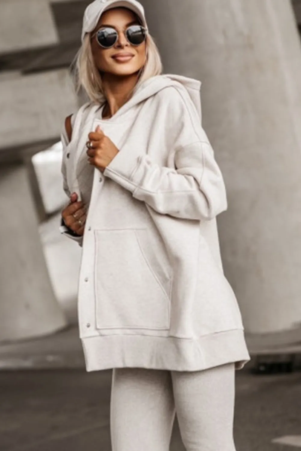 Apricot khaki Pocketed Button Up Oversized Hooded Jacket