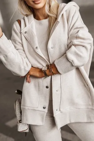 Apricot khaki Pocketed Button Up Oversized Hooded Jacket
