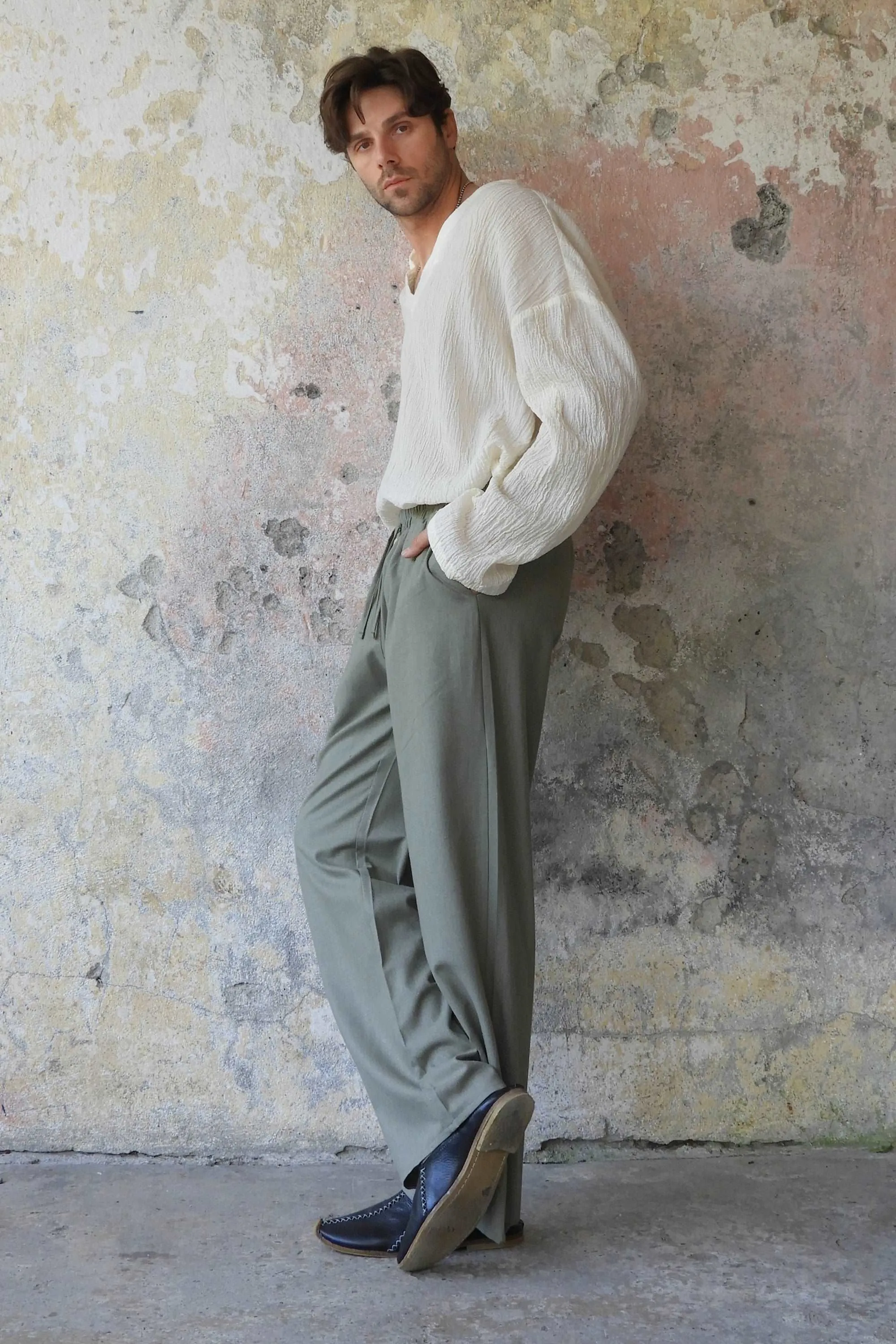 BEACH Men's Linen Blend Pants (Burnt Orange, Green Almond)