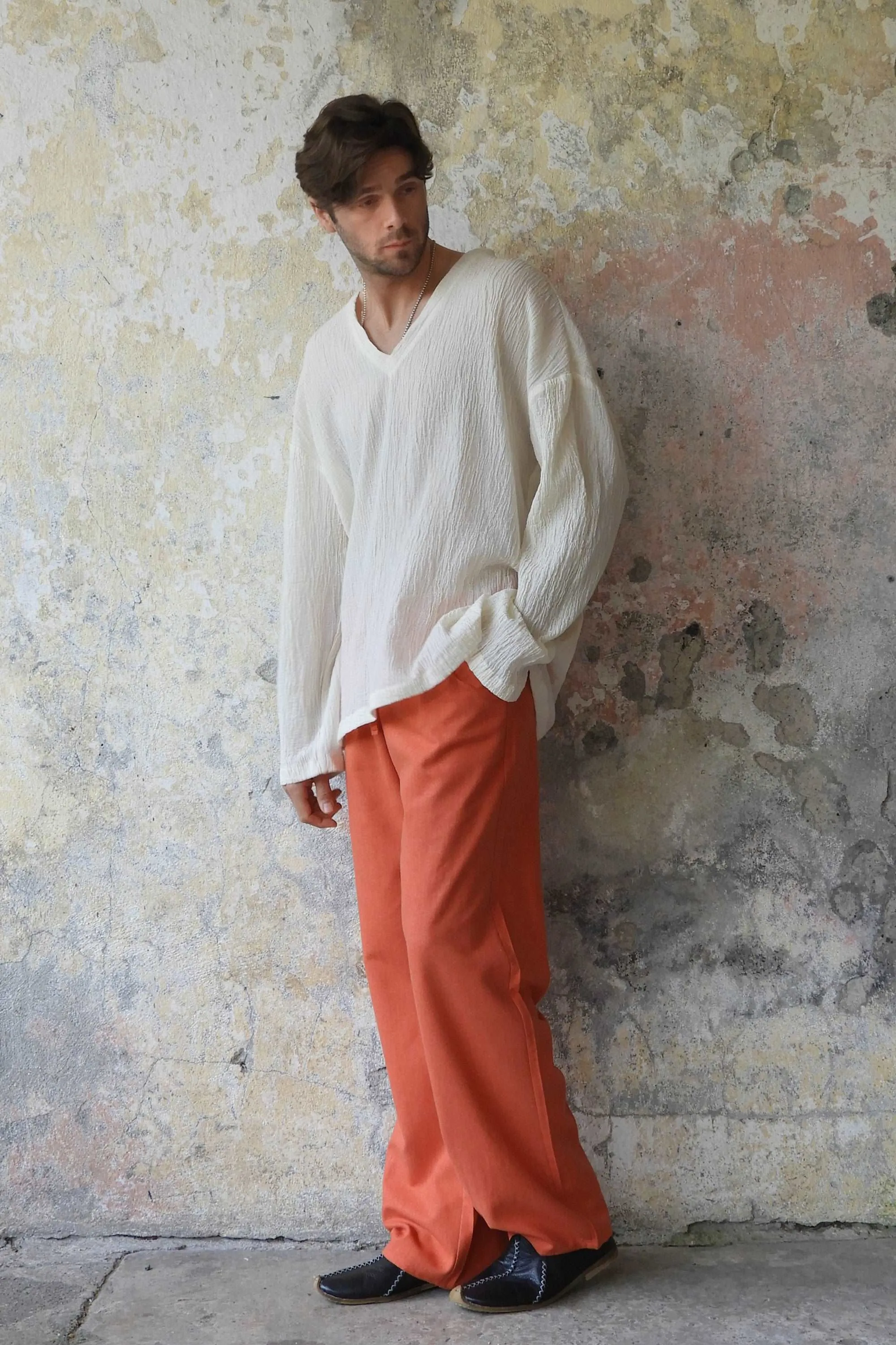 BEACH Men's Linen Blend Pants (Burnt Orange, Green Almond)