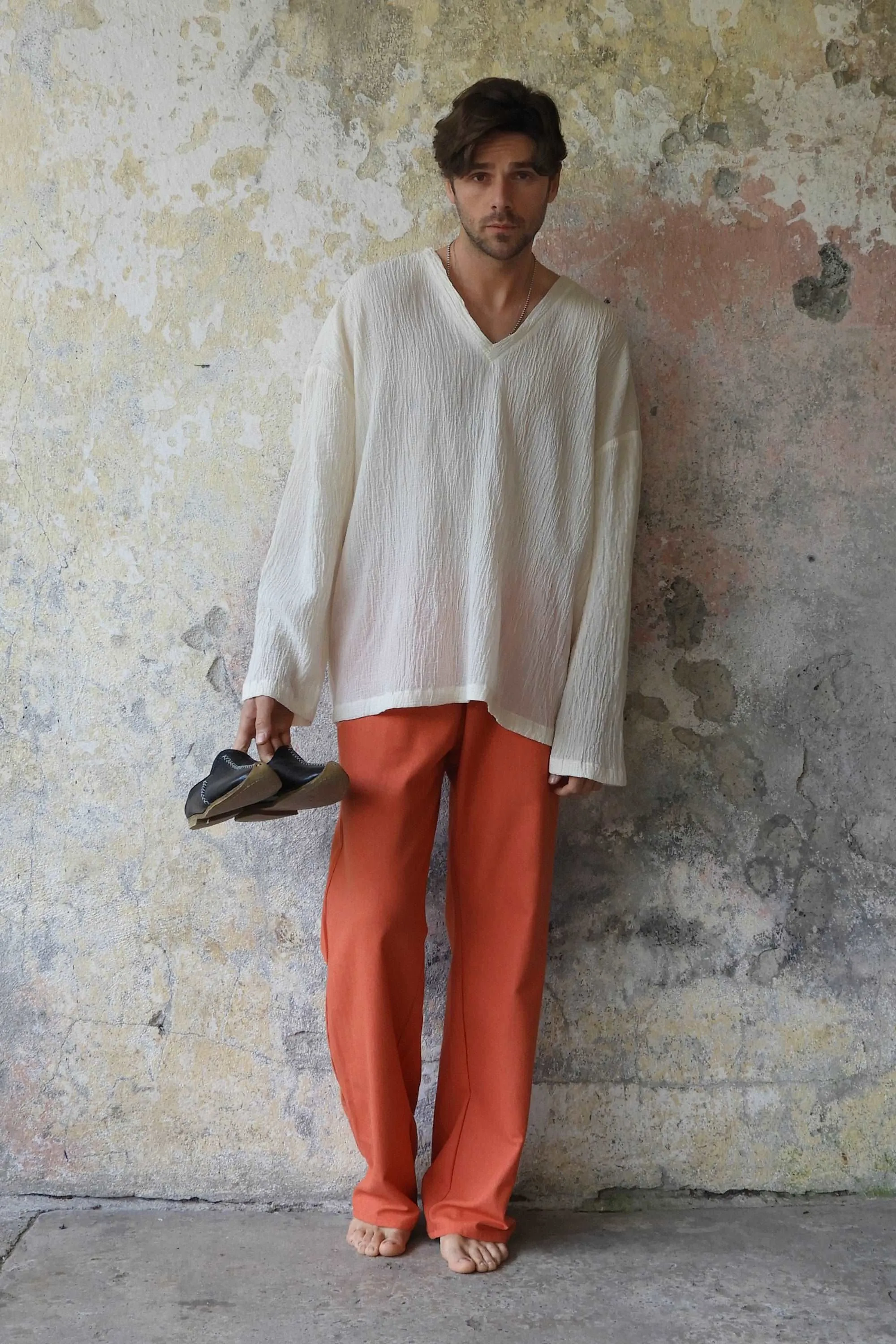 BEACH Men's Linen Blend Pants (Burnt Orange, Green Almond)
