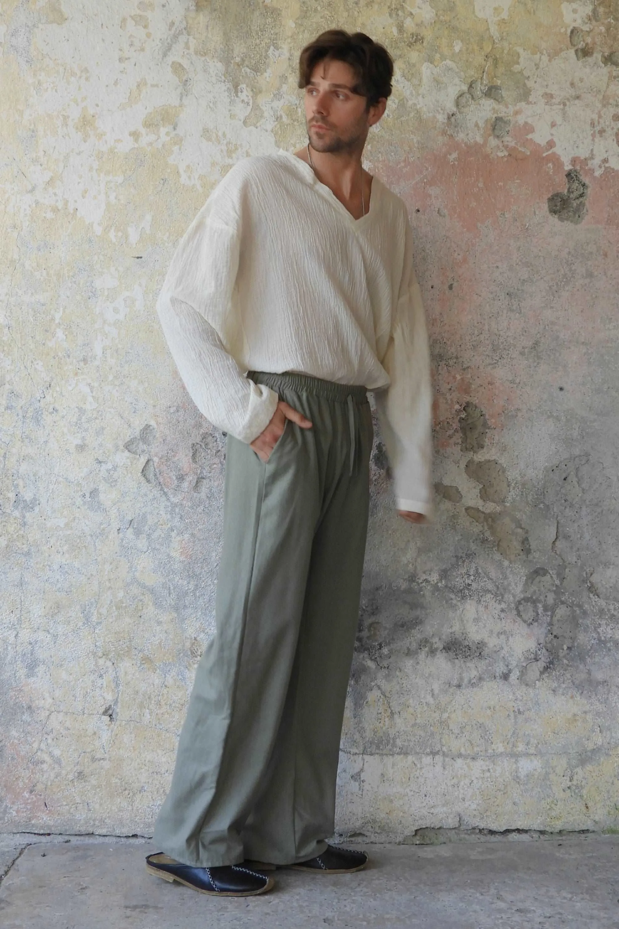 BEACH Men's Linen Blend Pants (Burnt Orange, Green Almond)