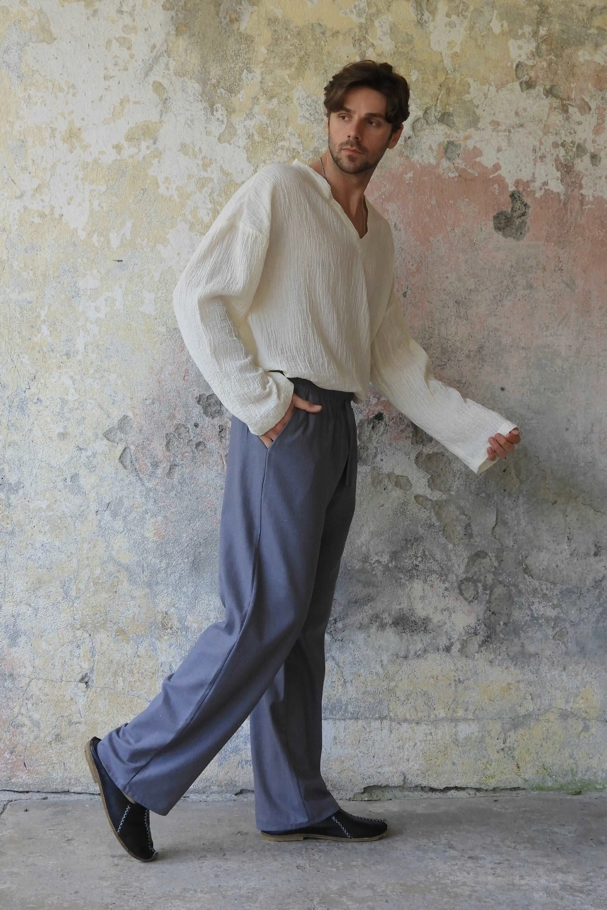 BEACH Men's Linen Blend Pants (Dark Gray, Indigo Blue)