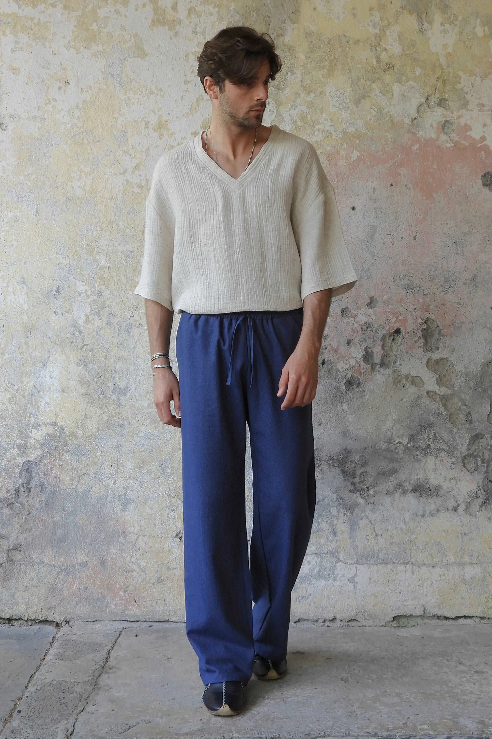BEACH Men's Linen Blend Pants (Dark Gray, Indigo Blue)