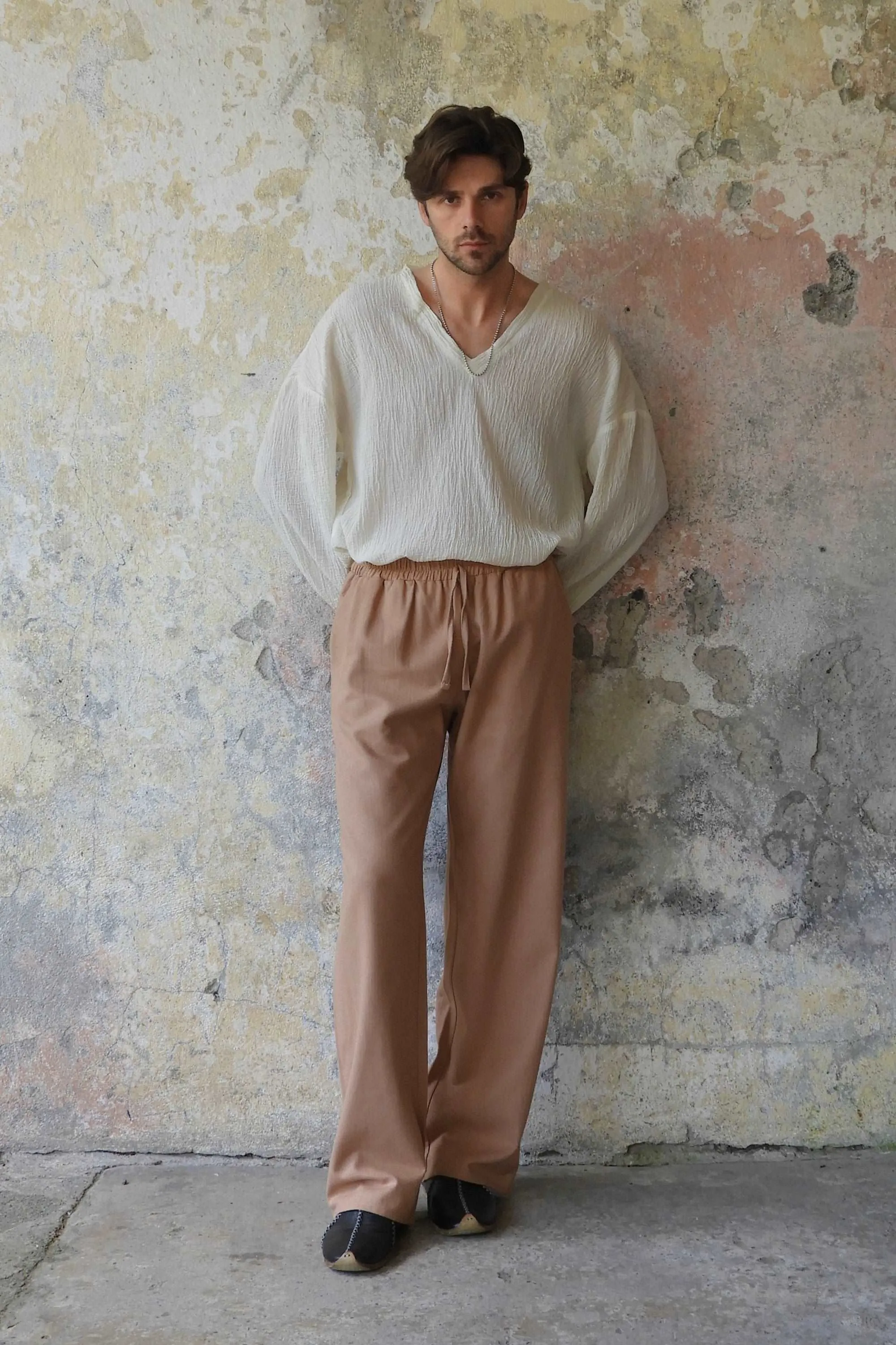BEACH Men's Linen Blend Pants (Tan, Brown)