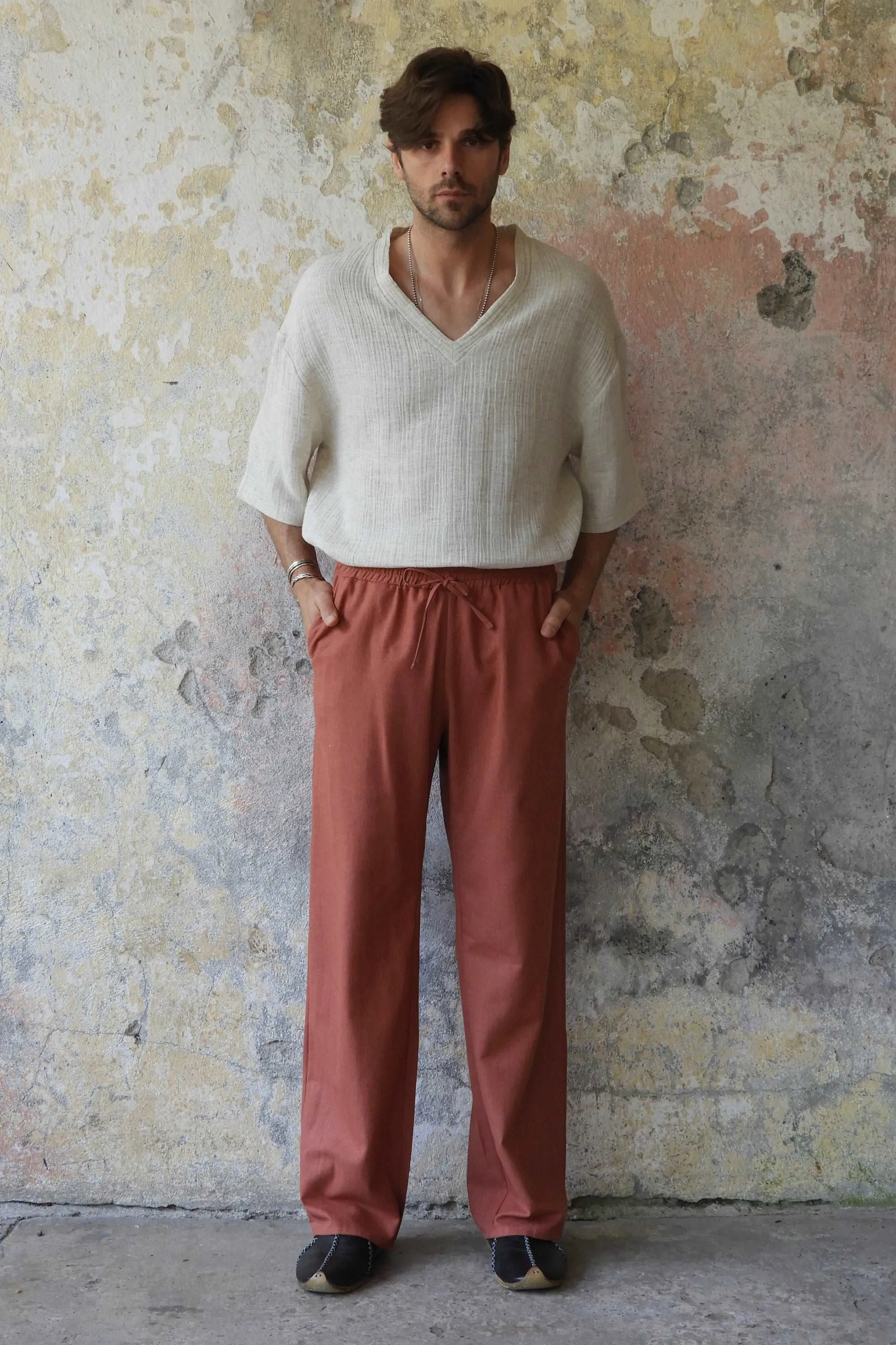 BEACH Men's Linen Blend Pants (Windsor Tan, Terra Cotta)