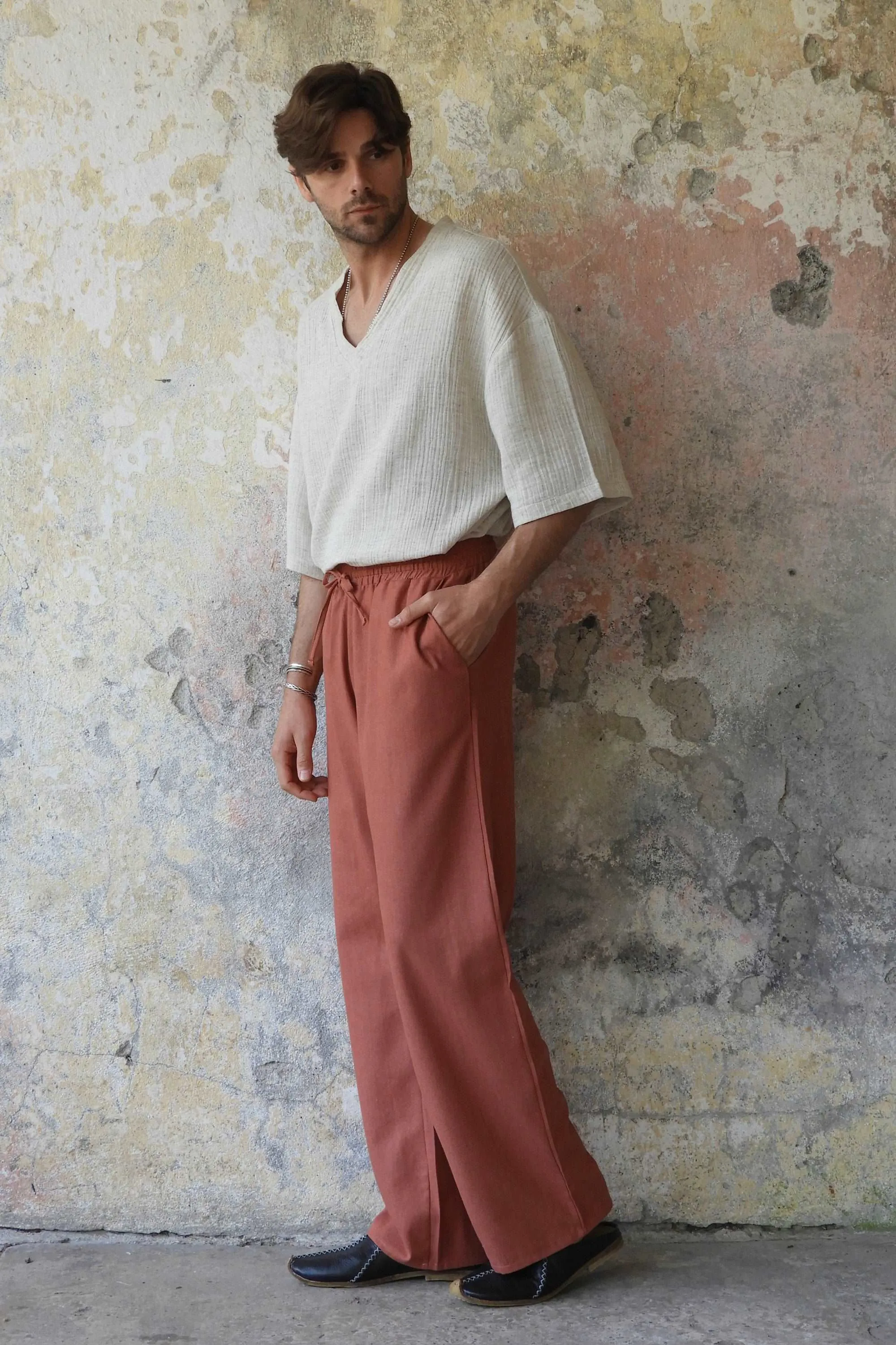 BEACH Men's Linen Blend Pants (Windsor Tan, Terra Cotta)