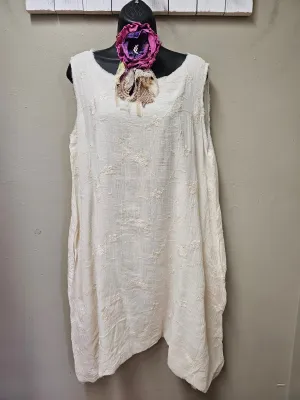 Beautiful Embroidered Off-White Sleeveless Linen Dress
