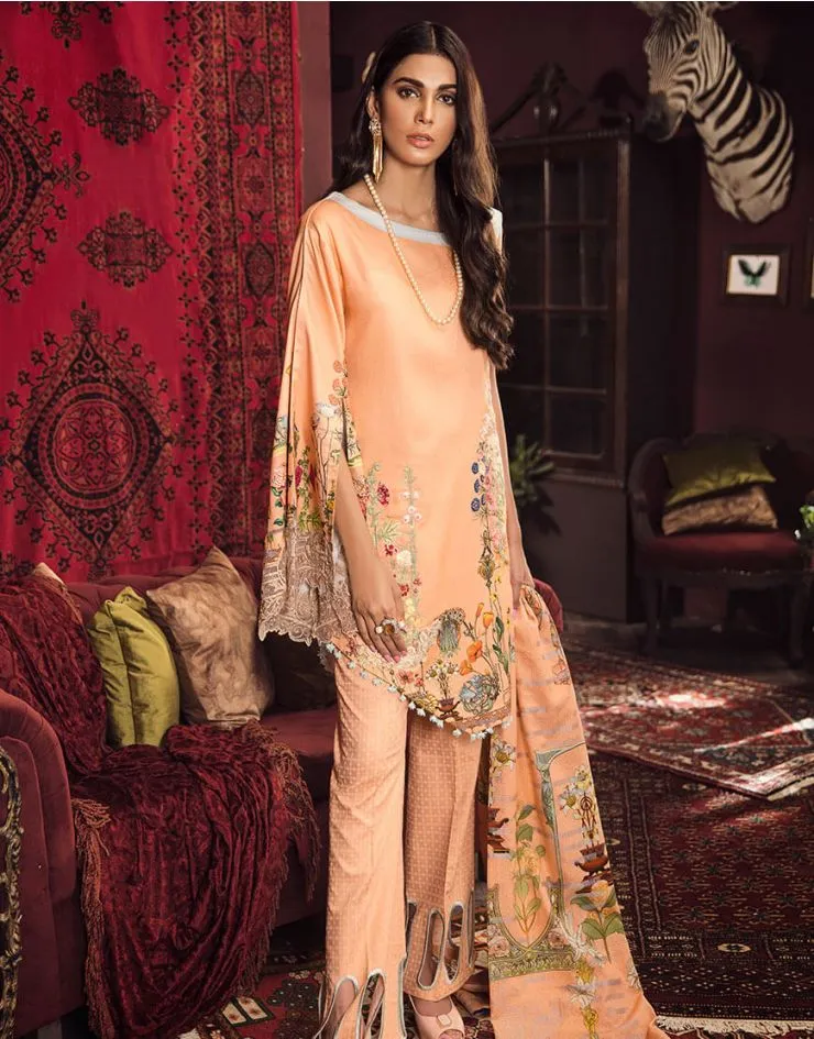 Beautiful Pakistani embroidered linen dress in peach color # P2403