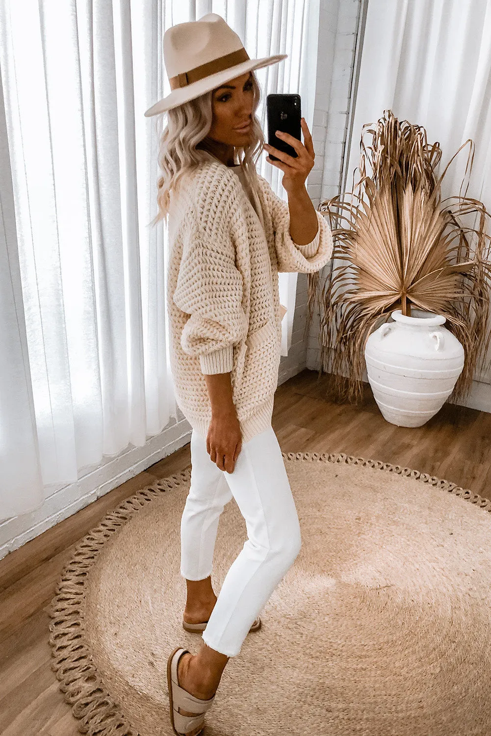 Beige Chunky Textured Knit Pocketed V Neck Sweater Cardigan