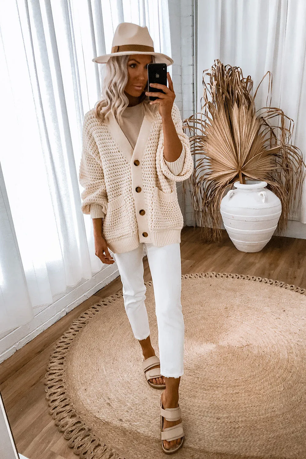 Beige Chunky Textured Knit Pocketed V Neck Sweater Cardigan