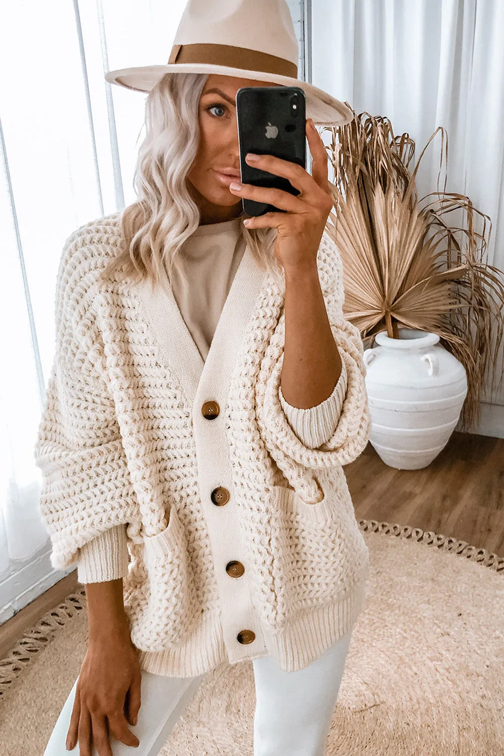 Beige Chunky Textured Knit Pocketed V Neck Sweater Cardigan