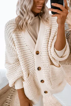 Beige Chunky Textured Knit Pocketed V Neck Sweater Cardigan