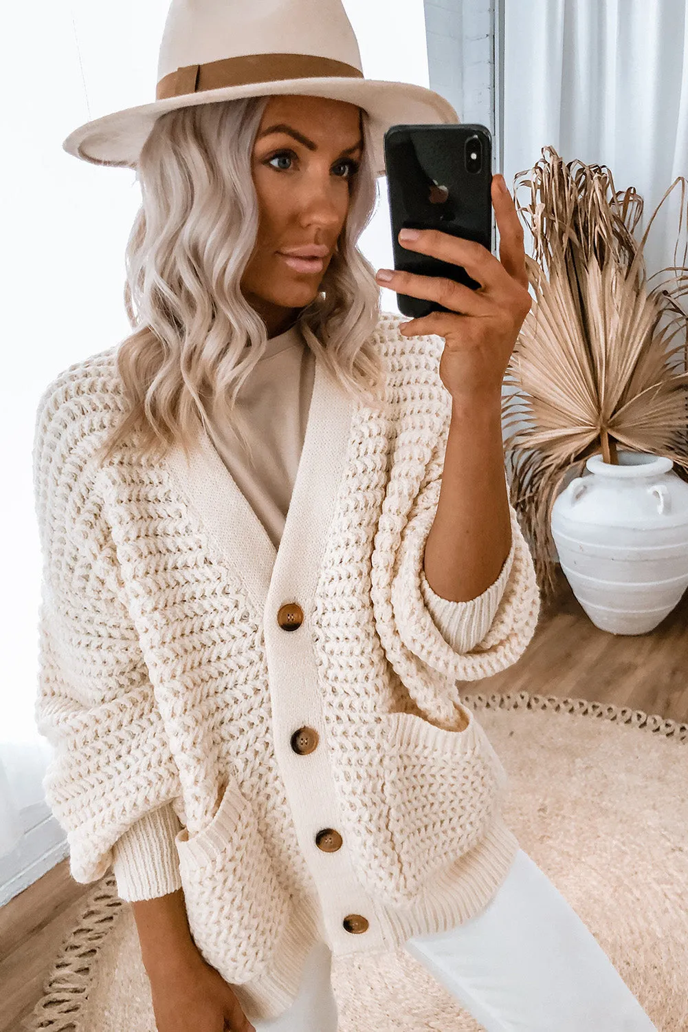 Beige Chunky Textured Knit Pocketed V Neck Sweater Cardigan