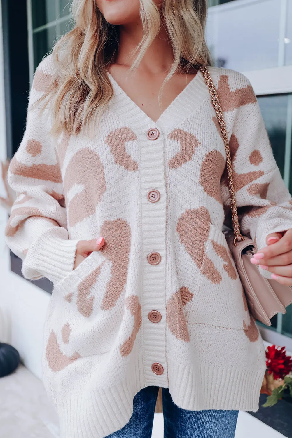 Beige Leopard Pocketed Casual V Neck Buttoned Cardigan