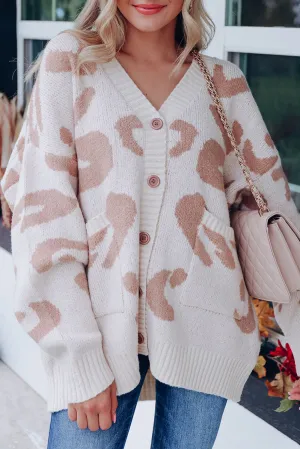 Beige Leopard Pocketed Casual V Neck Buttoned Cardigan