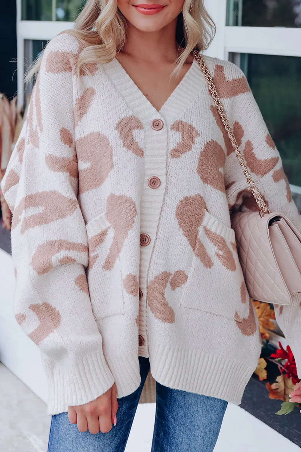 Beige Leopard Pocketed Casual V Neck Buttoned Cardigan