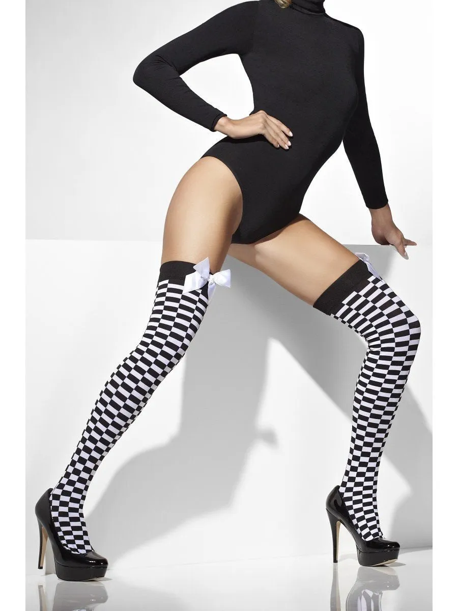 Black and White Opaque Check Print Hold-Ups with Bows