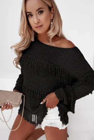 Black Boho Tasseled Knitted Sweater