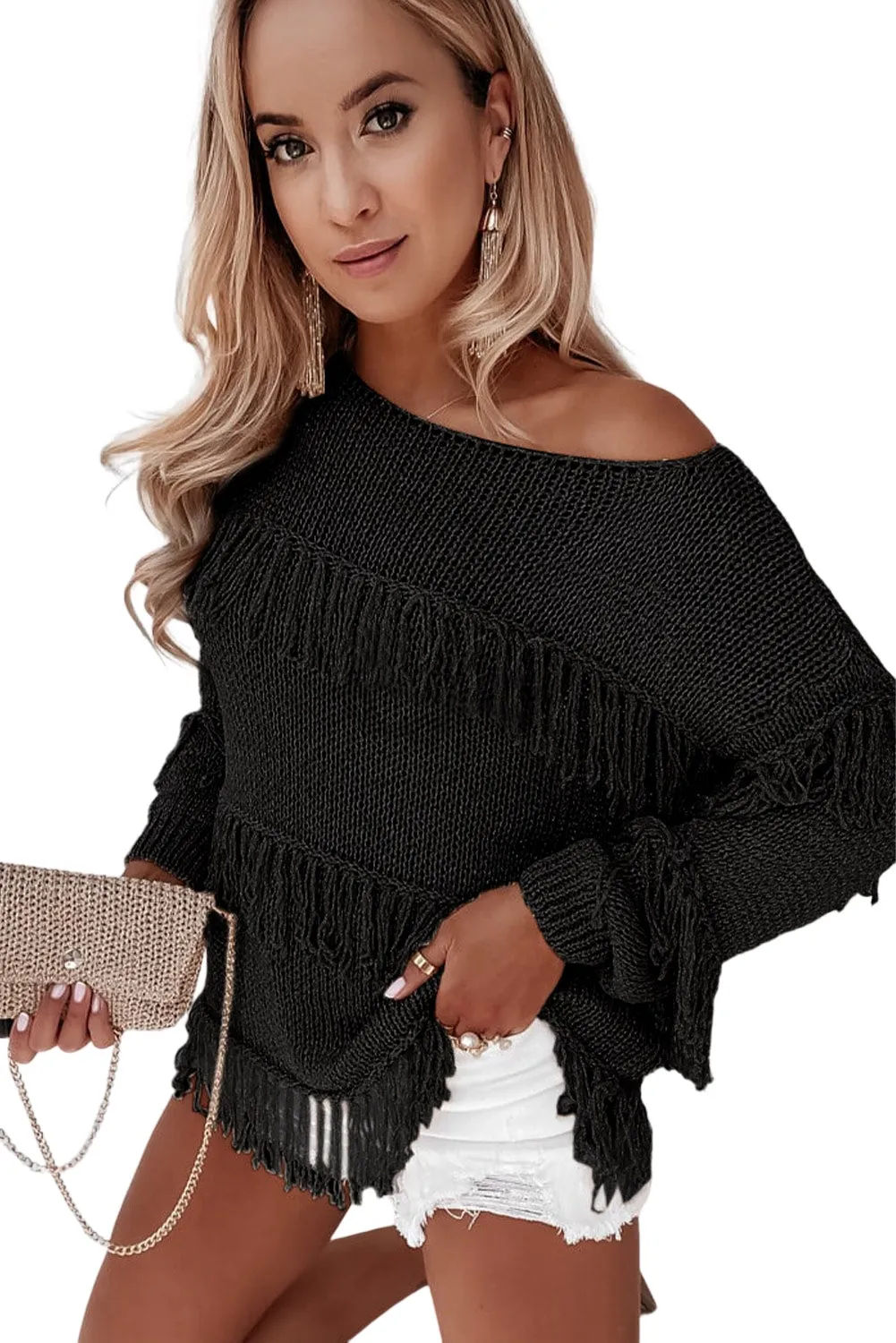 Black Boho Tasseled Knitted Sweater