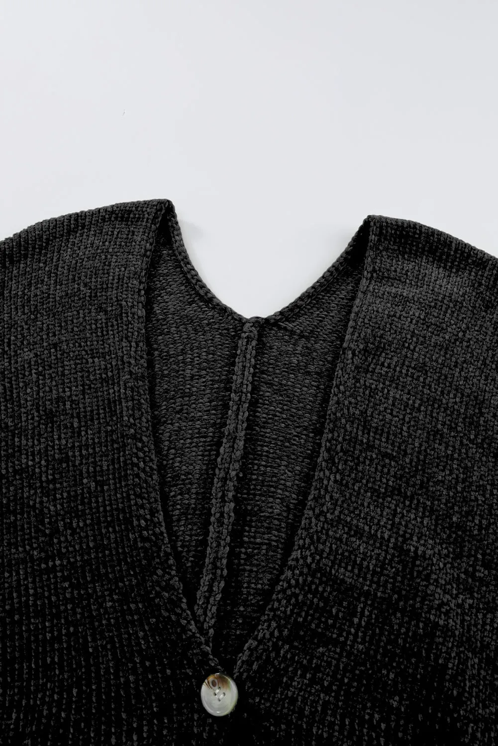 Black Button Plunging V Neck Pocketed Sweater Cardigan