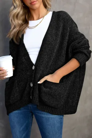 Black Button Plunging V Neck Pocketed Sweater Cardigan