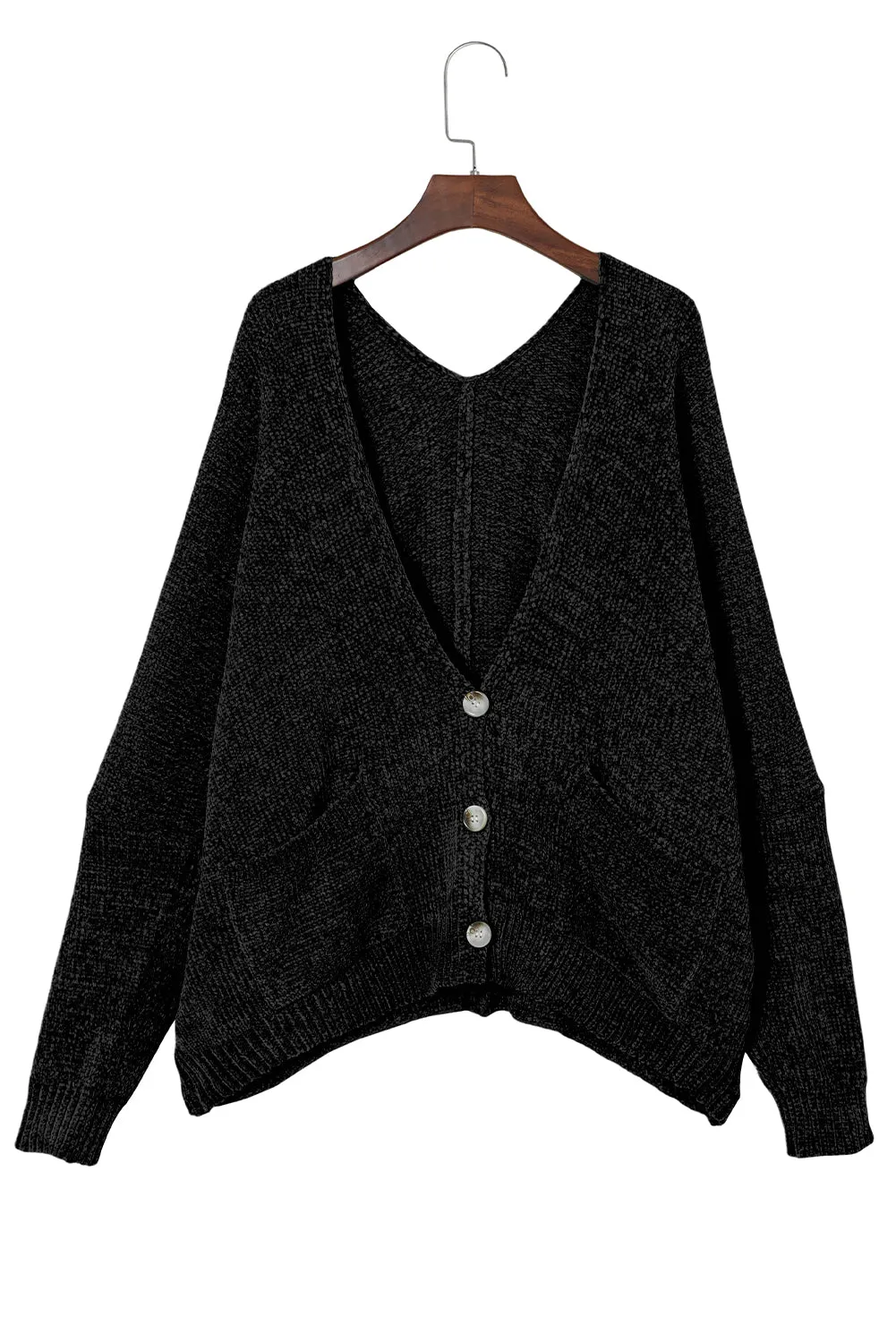 Black Button Plunging V Neck Pocketed Sweater Cardigan