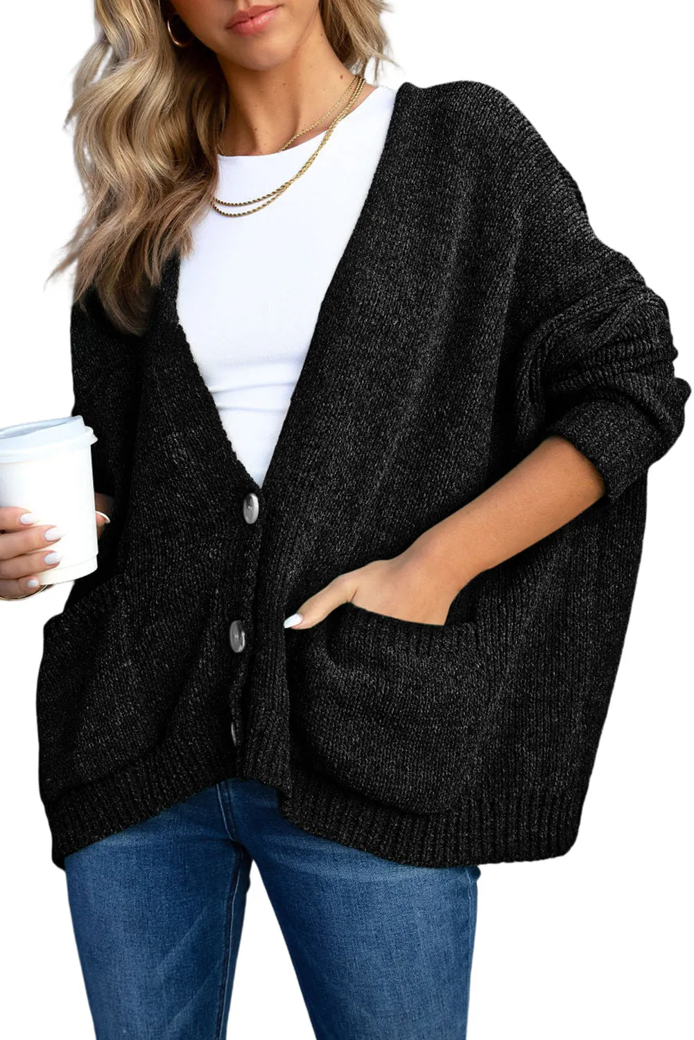 Black Button Plunging V Neck Pocketed Sweater Cardigan