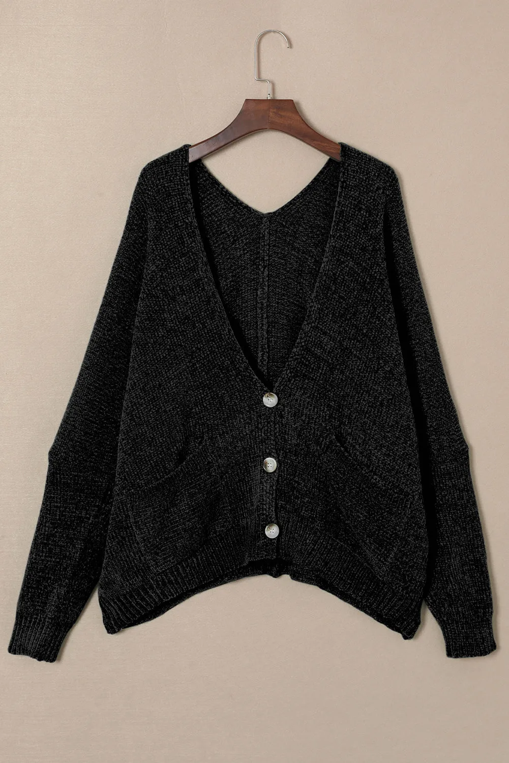 Black Button Plunging V Neck Pocketed Sweater Cardigan