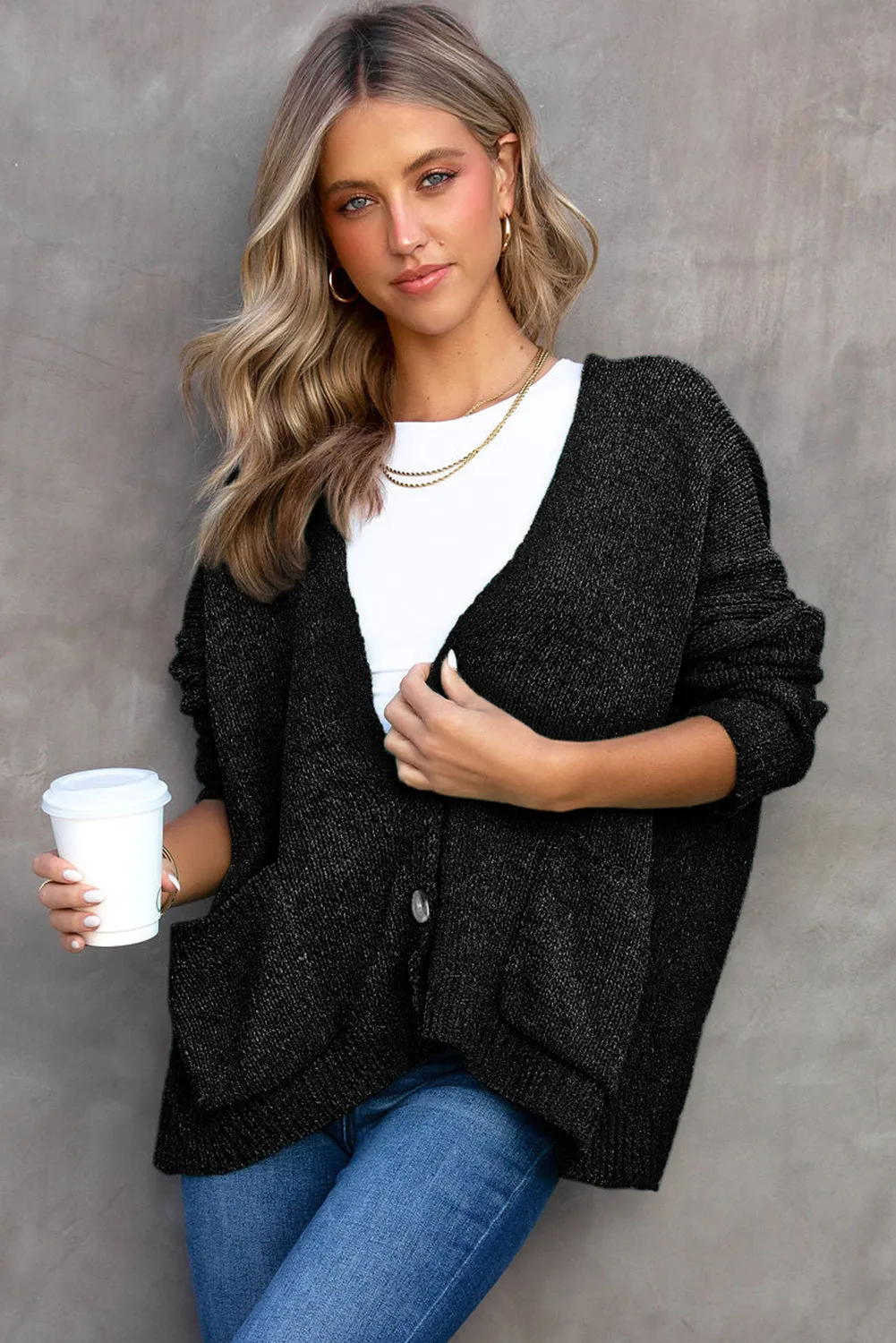 Black Button Plunging V Neck Pocketed Sweater Cardigan