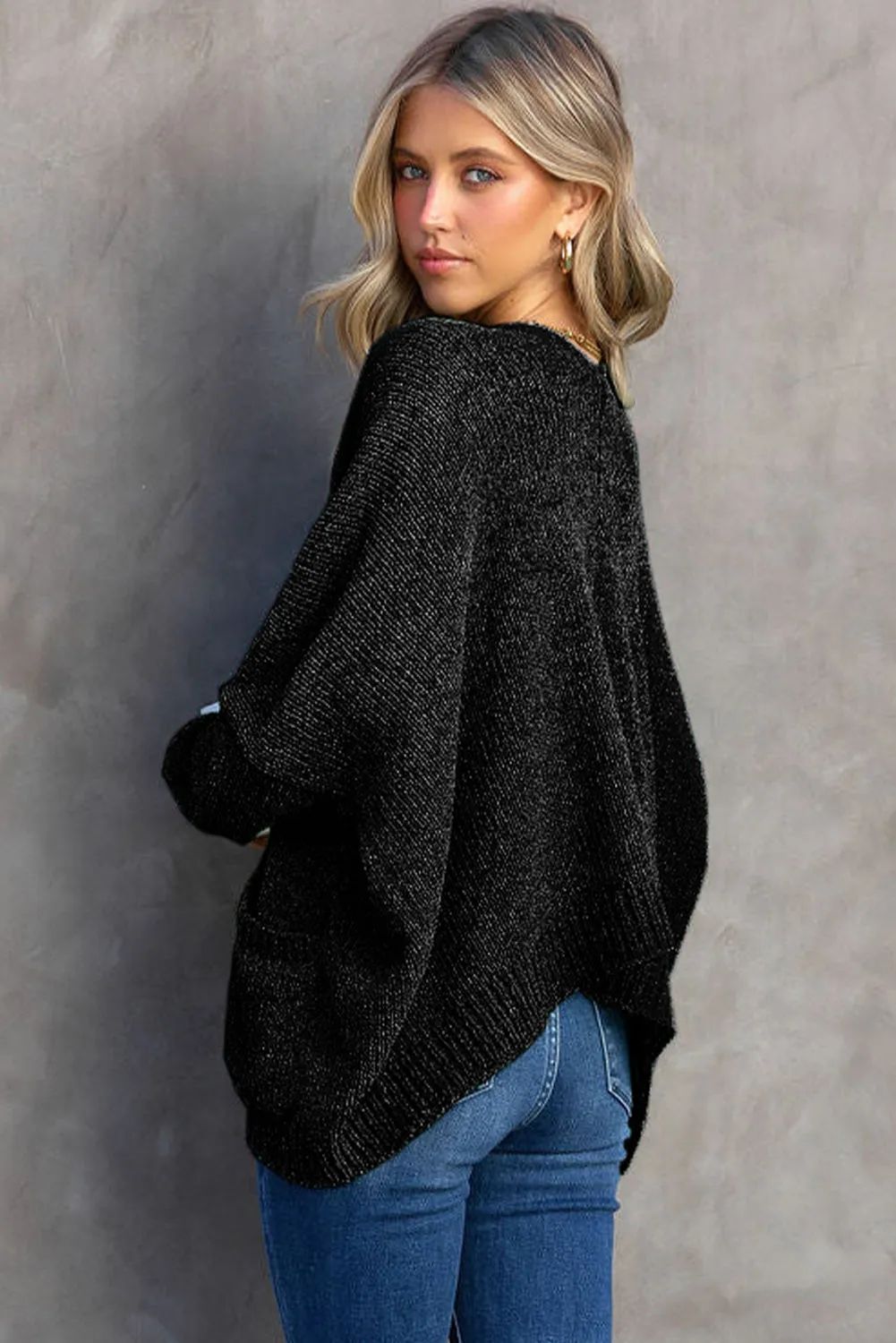 Black Button Plunging V Neck Pocketed Sweater Cardigan
