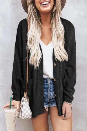 Black Gray Heather Knit Pocketed Button Front Cardigan