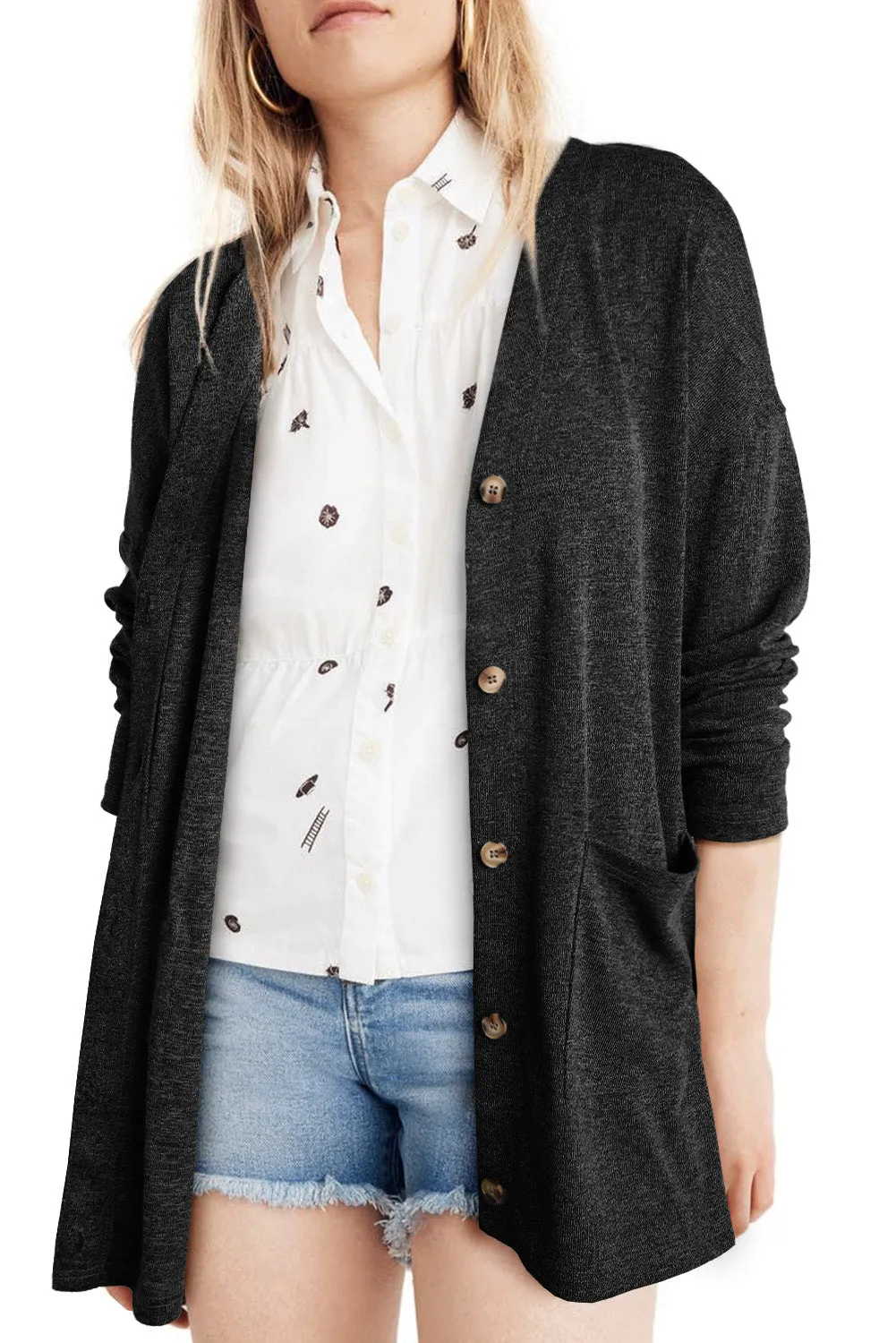 Black Gray Heather Knit Pocketed Button Front Cardigan