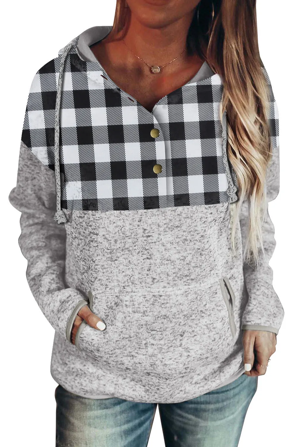 Black Plaid Splicing Pocketed Hoodie