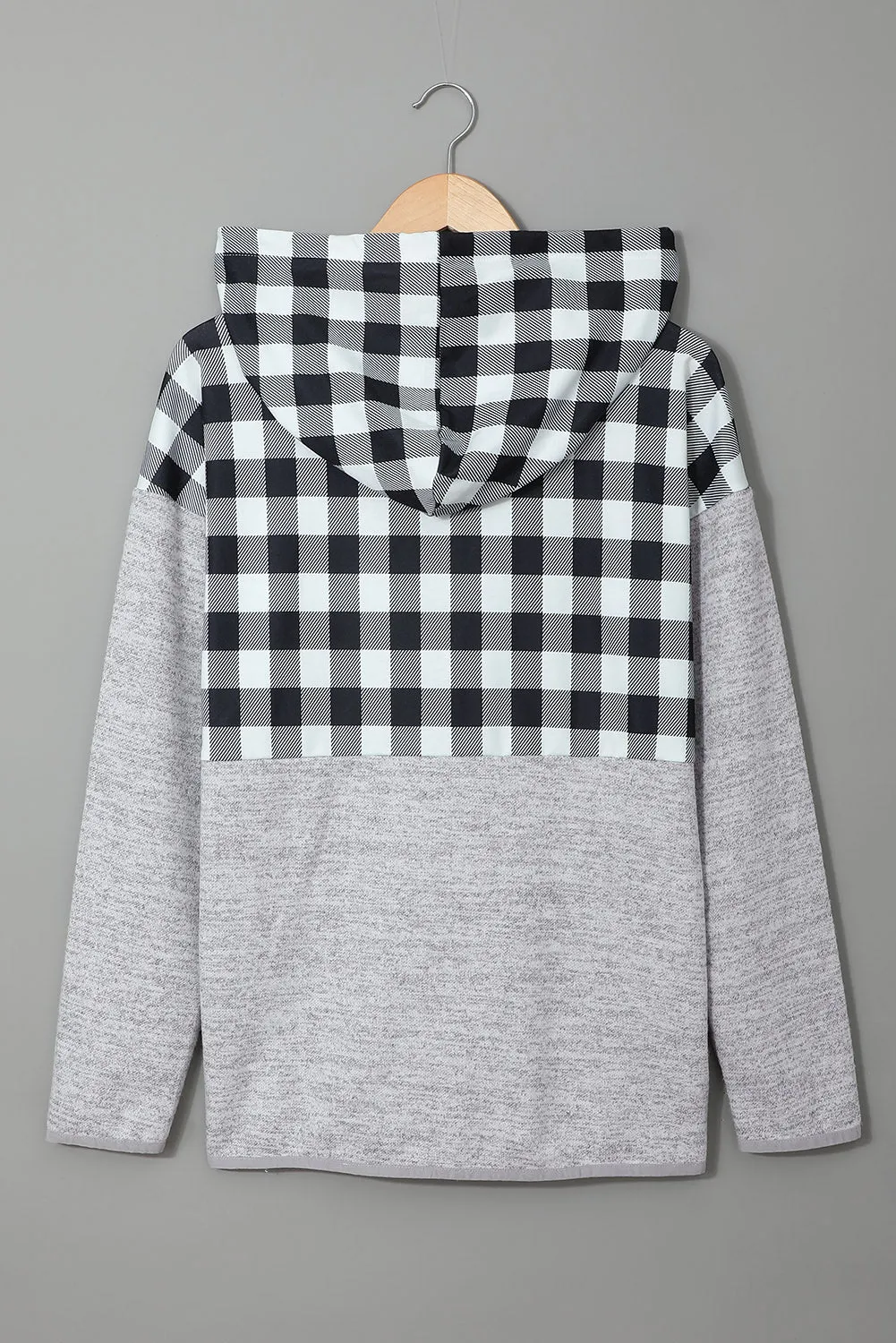 Black Plaid Splicing Pocketed Hoodie