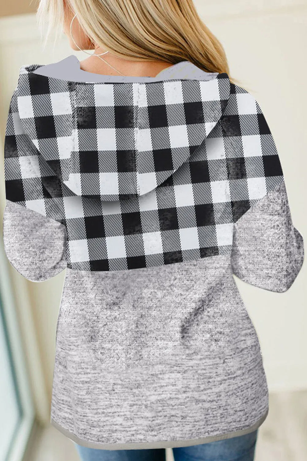 Black Plaid Splicing Pocketed Hoodie